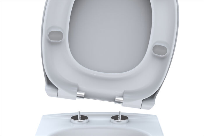 Darstellung der Abnehmfunktion des Pagette WC-Sitzes Highline Exklusiv. Einfach abstecken zur Reinigung.