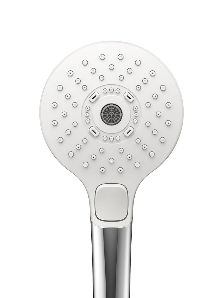 TOTO Europe DaySpa DaySpa Handbrause rund frontal von vorn gesehen - weißer Duschboden, Noppen und verschiedenen Strahlarten wählbar.