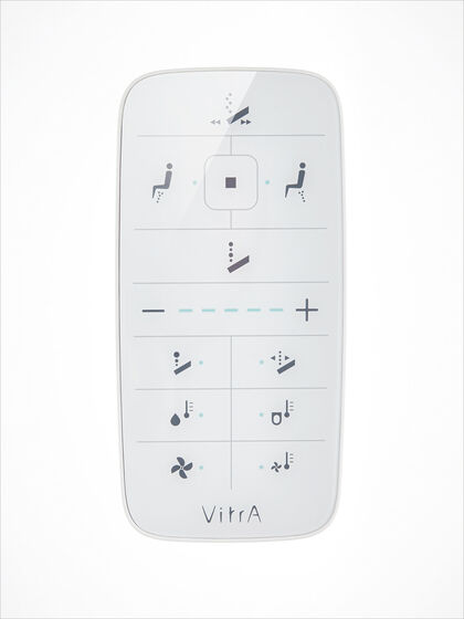 Ausgeschnittene Produktabbildung der V-care Fernbedienung zur Steuerung des Dusch-WCs von VitrA. Abgerundete Ecken und Icons sorgen für bequeme Bedienung.