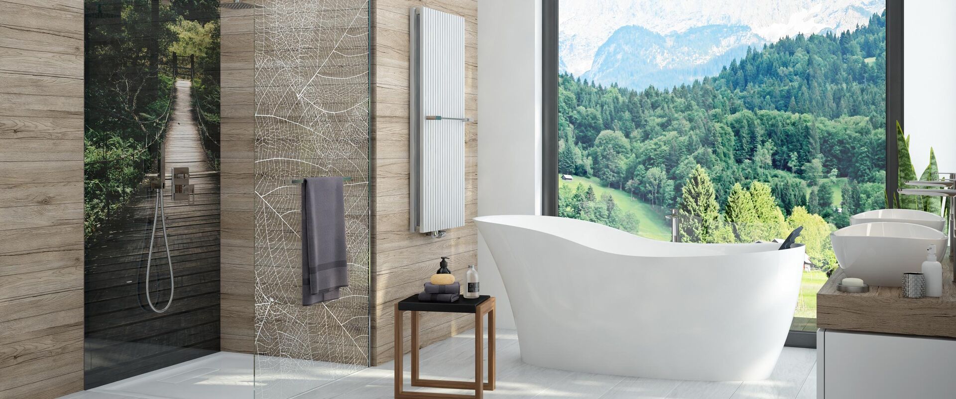 Badewanne oval mit oher Rückenlehne freistehend neben barrierefreier Dusche und einem Hocker als Ablage.