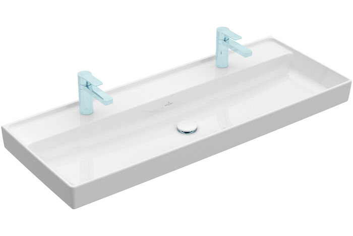 Langgezogenes Waschbecken für Zwei: Doppelwaschtisch mit nur einem Becken und zwei Hahnanschlüssen aus der Kollektion Collaro des Sanitär-Herstellers Villeroy & Boch.