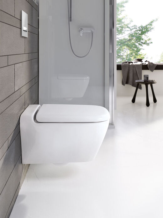 Geberit myDay Geberit WC myDay von der Seite gesehen: Sowohl Keramik als auch WC-Sitz sind aus einem Guss und weich abgerundet.