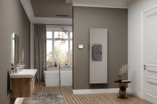 Rubeo-E in „Grey Gold“ Kermi Flachheizkörper Rubeo in greygold in modernem Badezimmer