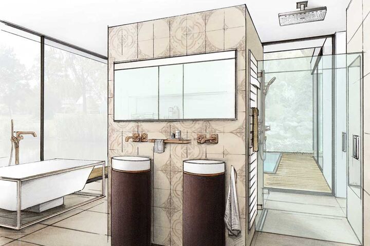 Zeichung eines Badezimmers- Frontaler Blick auf den Waschplatz mit zwei Waschtischsäulen, darüber ein Spiegelschrank. Seitlich links am Fenster steht eine freistehende Badewanne, rechts ist eine begehbare Dusche.
