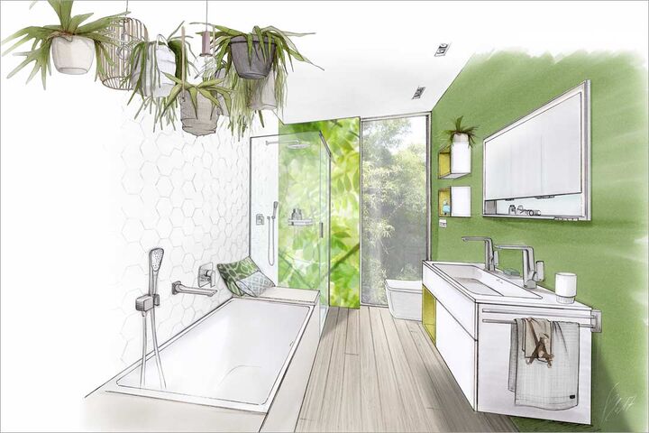 Familienbad Zeichnung hell und freundlich mit Badewanne, Dusche, Doppelwaschbecken und Toilette.