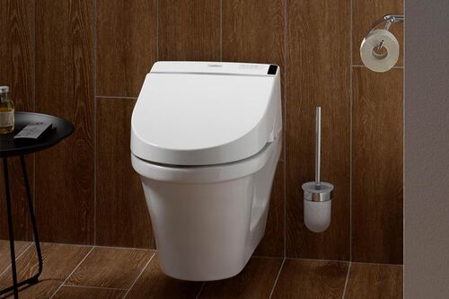 Washlet weiss mit Toilettenbüreste und Hocker von Toto Europe.