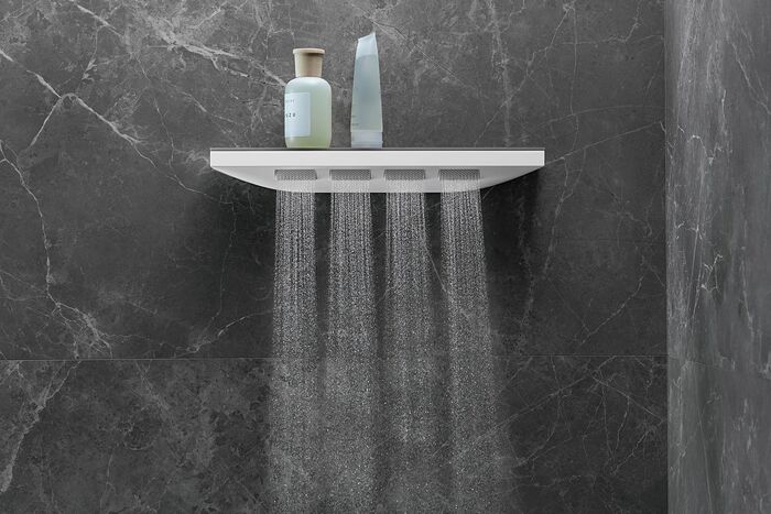 Ablage und Wasservergnügen in einem: Die Rainfinity Massagendüsen wurden mit einer Ablagefläche kombiniert und massieren so stilvoll in der Dusche.