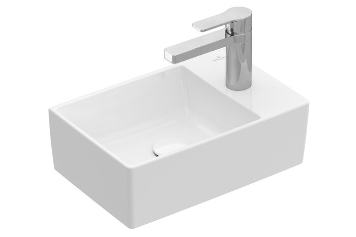 Kompaktes Handwaschbecken Memento 2.0 in weiß von Villeroy & Boch mit extradünnem Rand und eckigem Design.