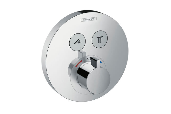 Shower Select Thermostat von hansgrohe, in runder Form gehalten. Im oberen Bereich befinden sich zwei Auswahlknöpfe, im unteren Bereich liegt der Temperaturregler.