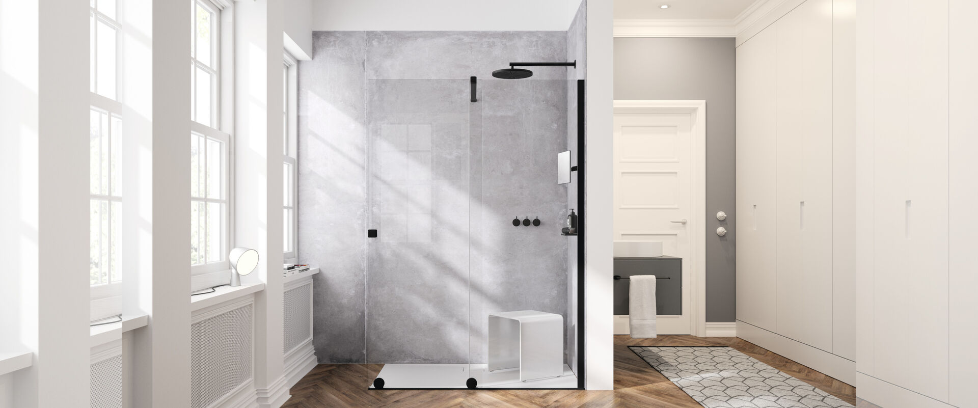 Duschabtrennung xTensaPure von HÜPPE als Walk-In Dusche in Kombination mit einer Seitenwand und mit schwarzen Beschlägen