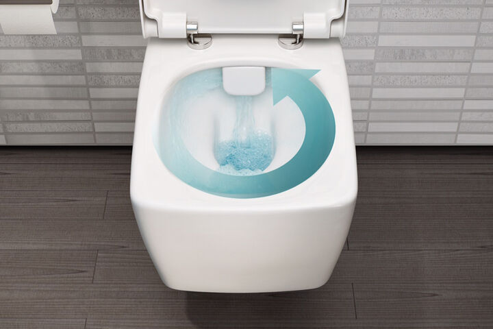 Schematische Darstellung der VitrAflush 2.0 Technologie im WC: durch blaue Pfeile wird die Fließrichtung des Wasser nachgezeichnet.
