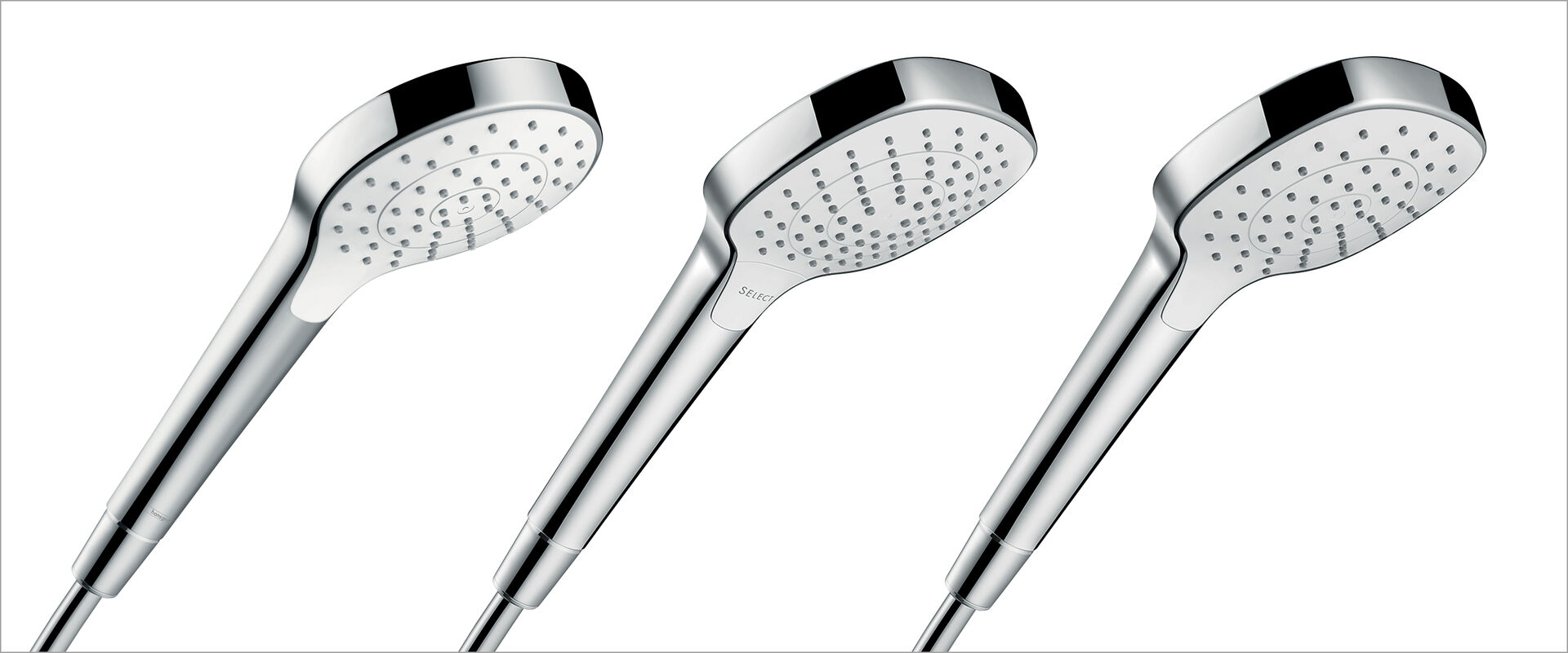 Drei Duschköpfe von hansgrohe aus der Reihe CromaSelect.