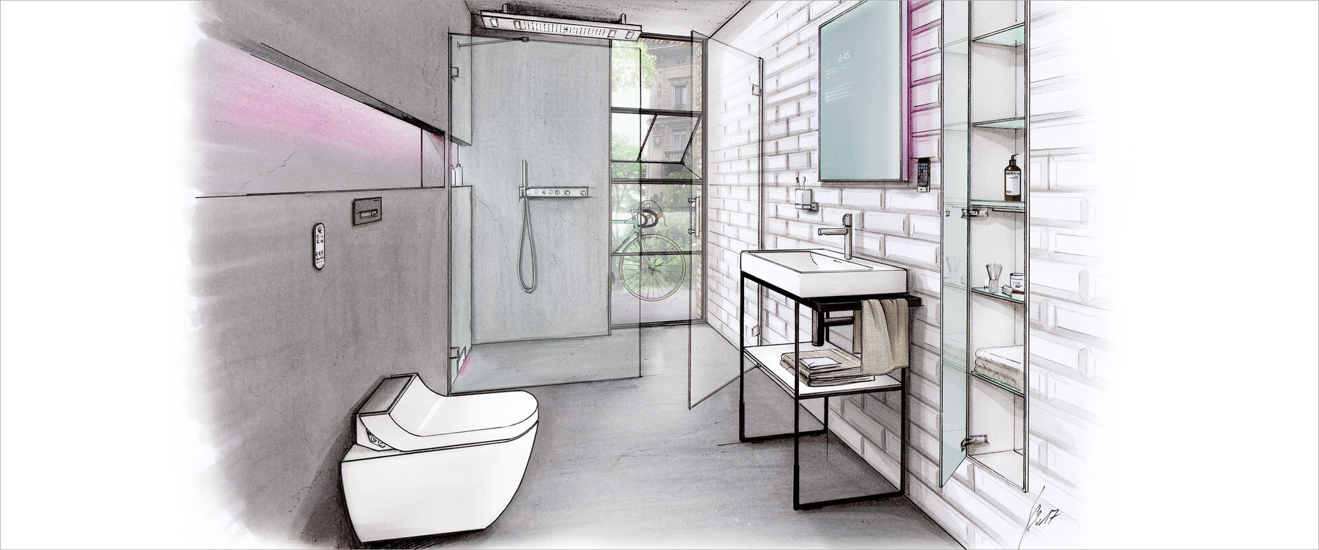 Zeichnung einer Badplanung für ein Männerbad. Technische Innovationen, Dusch-wc, begehbare Dusche, Lichteffekte, Waschplatz und Einbauschrank