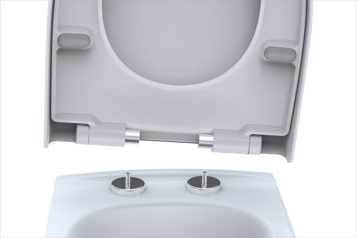 Sitz zur Reinigung abnehmbar: Abbildung der Take Off Funktion am Beispiel des Kadett 300 WC-Sitzes von Pagette.