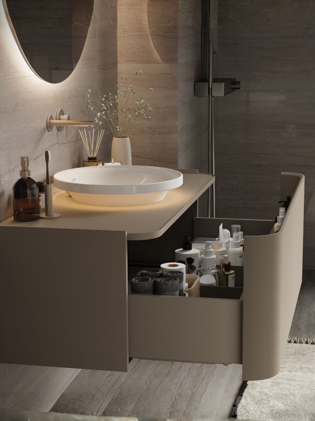 VitrA Glora, runde Badmöbel mit Licht und sanfter Wirkung