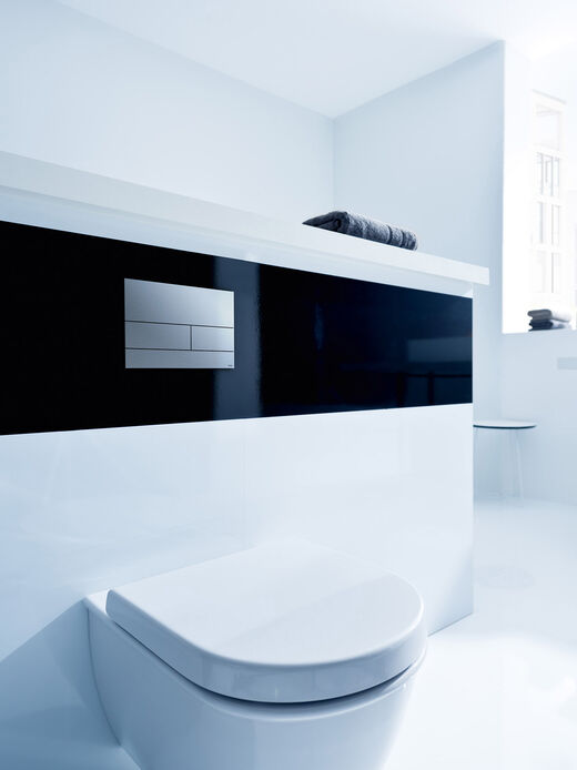 WC-Spülauslösung aus Edelstahl mit zwei Tasten aus der Serie TECEsquare2 - für moderne Designbäder.