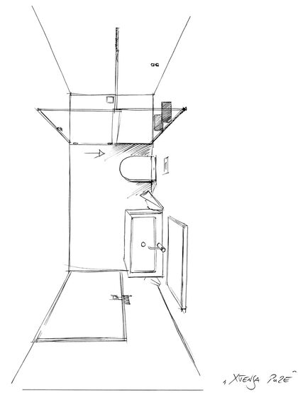 Hüppe Badezimmer-Skizze von oben mit Waschplatz, WC und Dusche, der durch intelligente Schiebetüren Xtensa Pure verschlossen werden.