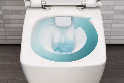 WC ohne Spülrand von VitrA mit grafisch eingefügtem blauem Pfeil für die Wasserfließrichtung bei VitrAflush 2.0 Spültechnik.