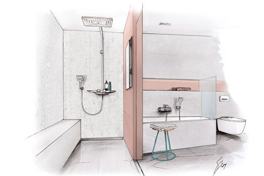 Raumansichts-Zeichnung mit Blick in die Dusche, die mit einem Sitzelement ausgestattet und bodeneben begehbar ist.