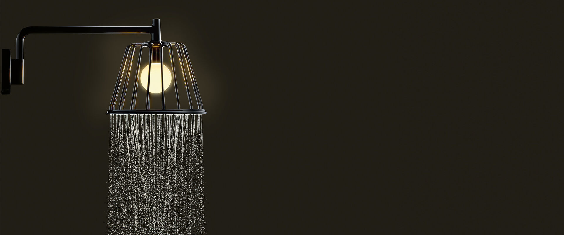 Design Kopfbrause Nendo von AXOR in der Form eines Lampenschirms, in der Kopfbrause befindet sich tatsächlich ein Licht. Es fließt Wasser aus der Lampe.