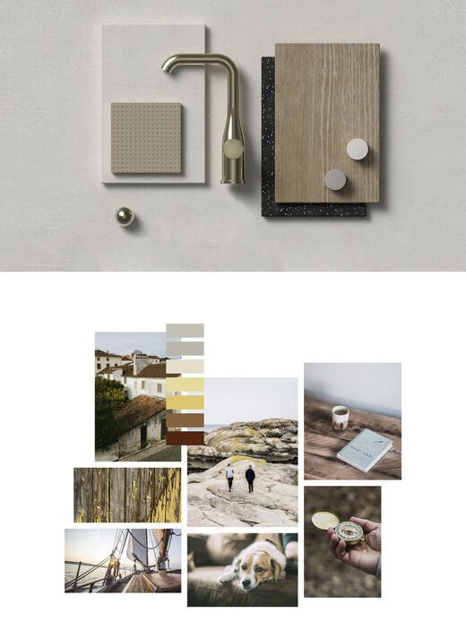GROHE Colors Kollektion Nickel Stimmungsboard zur Armaturenfarbe Nickel von Grohe aus der Colors Kollektion mit Metallteilen, Leder, Holz und verschiedenen Lifestylebildern.