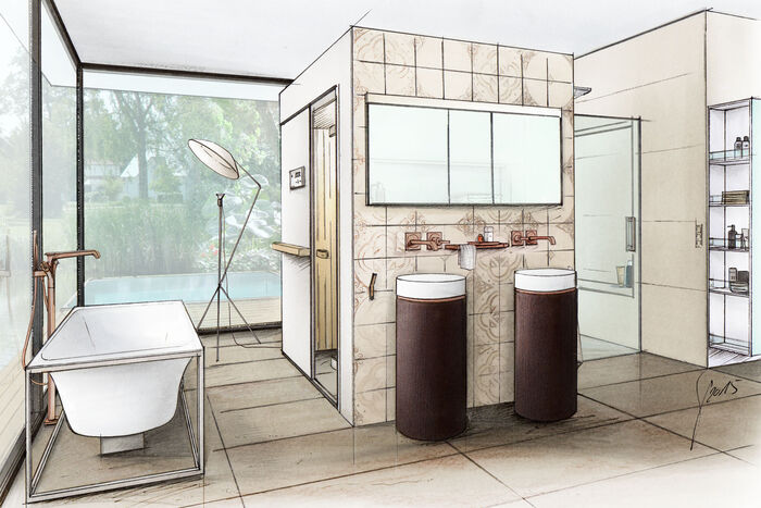 Badezimmer Badplanung mit freistehender Badewanne, Waschplatz und großer Fensterfront.