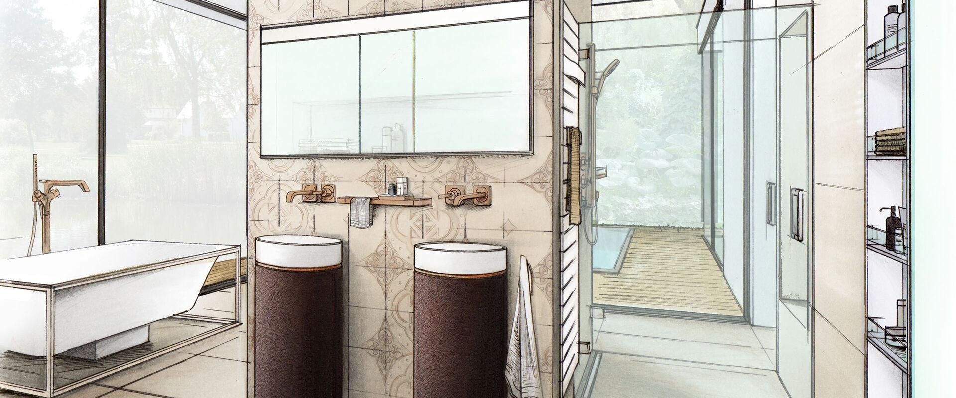 Badplanungszeichnung: frontal ein Spiegelschrank, darunter zwei Waschtischsäulen in Braun mit weißer Keramik. Badewanne, Dusche, Kopfbrause.