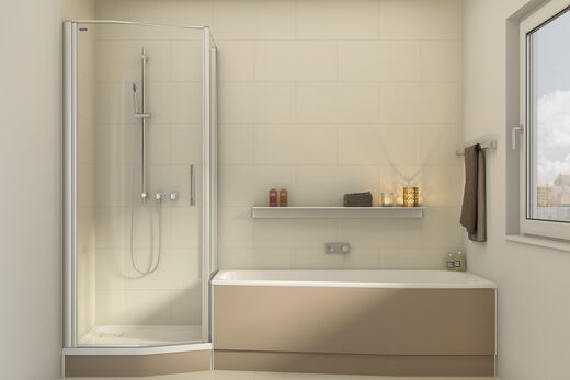 Duscholux Piccolo Duschkabine neben Badewanne in kleinem Badezimmer.