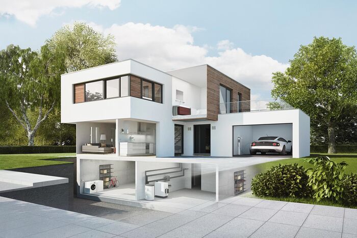 Haus im querschnitt mit Wassermanagementsystem Pontos von hansgrohe.