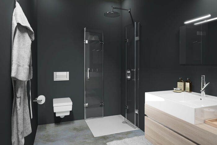Falttüren, die sich rasch an die Wand klappen lassen: Hüppe bietet mit Solva Pure eine intelligente Lösung für einen großzügigen Einstieg in die Duschkabine.