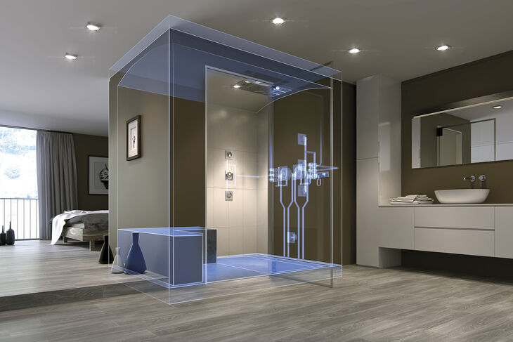 Schlafzimmer mit integriertem Badezimmer und Dampfdusche. Angezeichnet die Module zum Sitzen.