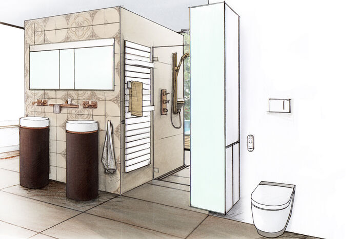 Zeichnung Badplanung mit Toilette wandmontiert, darüber die Drückerplatte, Rechts der Waschplatz, ein Badheizkörper und eine Dusche.