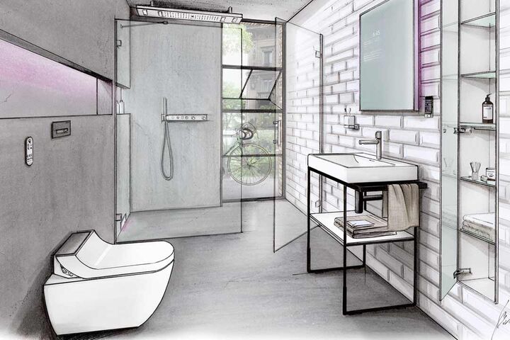 Männliches Badezimmer mit Dusch-wc, begehbarer Dusche, Einbauschrank verspiegelt, Waschplatz.