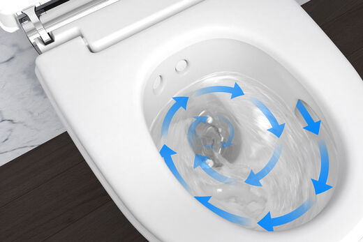 Geberit AquaClean Mera Blick ins Becken des Geberit AquaClean Dusch-WCs: hier wird durch strudelförmig angeordnete Pfeilsymbole der Weg des Spülwassers im "Turbo-Fluss" verdeutlicht.