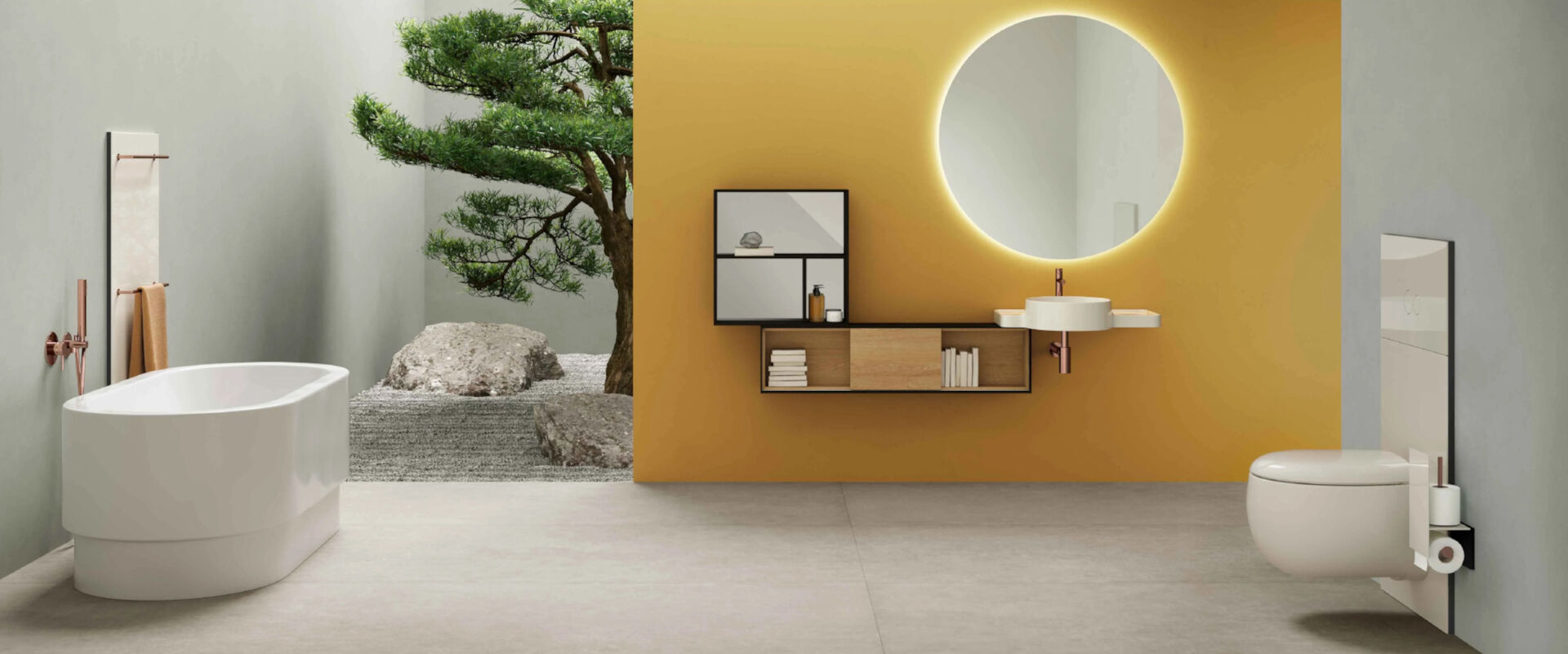 VitrA Voyage als Kombination aus vertikalen und horizontalen Möbeln in Kombination mit weißen Keramiken und einem großen runden Spiegel. 