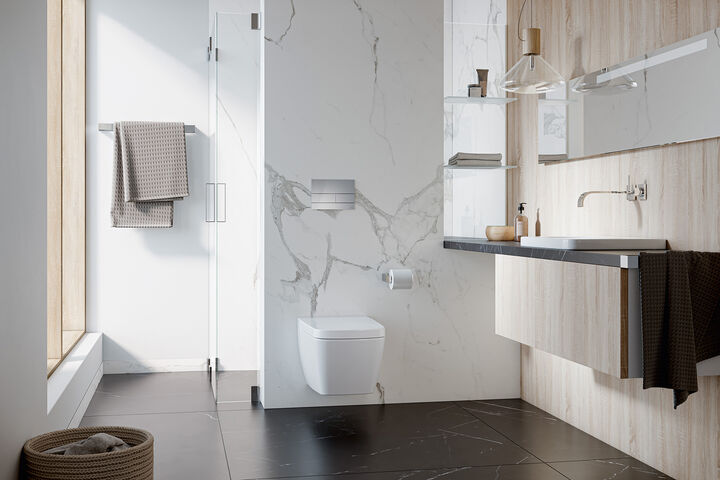 Verchromte Drückerplatte über dem WC im Badezimmer.
