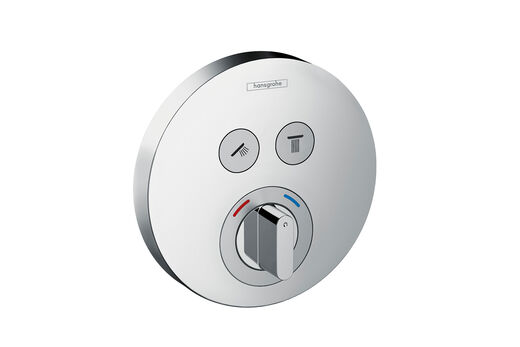 Shower Select Mixer von hansgrohe, in runder Form gehalten. Im oberen Bereich befinden sich zwei Auswahlknöpfe, im unteren Bereich liegt der Temperaturregler.