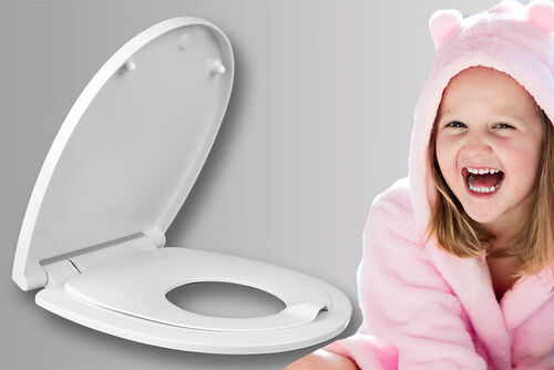 HARO Toilettensitz mit integriertem Kindereinsatz, der heruntergeklappt die Sitzfläche für Kleinkinder optimiert.