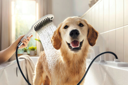 Hund wird in der Badewanne mit der DogShower von hansgrohe gewaschen.