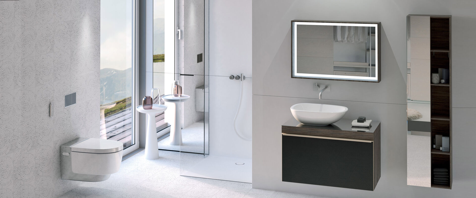 Helles Badezimmer mit Dusch-WC AquaClean Mera von Geberit kombiniert mit einem Waschplatz in dunkelbraun und einer bodenebenen Dusche. 