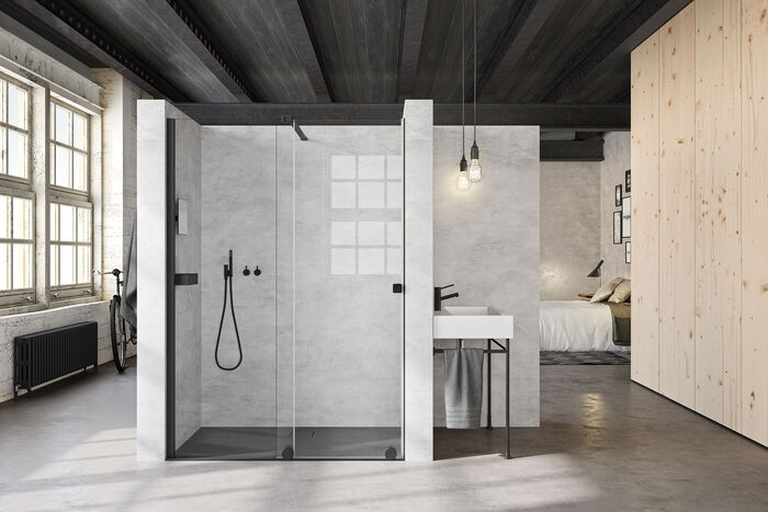 Elegantes Badezimmer mit Dusche in Nische von Hüppe Select+ Walk-In mit großzügigem Innenbereich, Duschboard EasyFlat und praktischen Accessoire Select+.