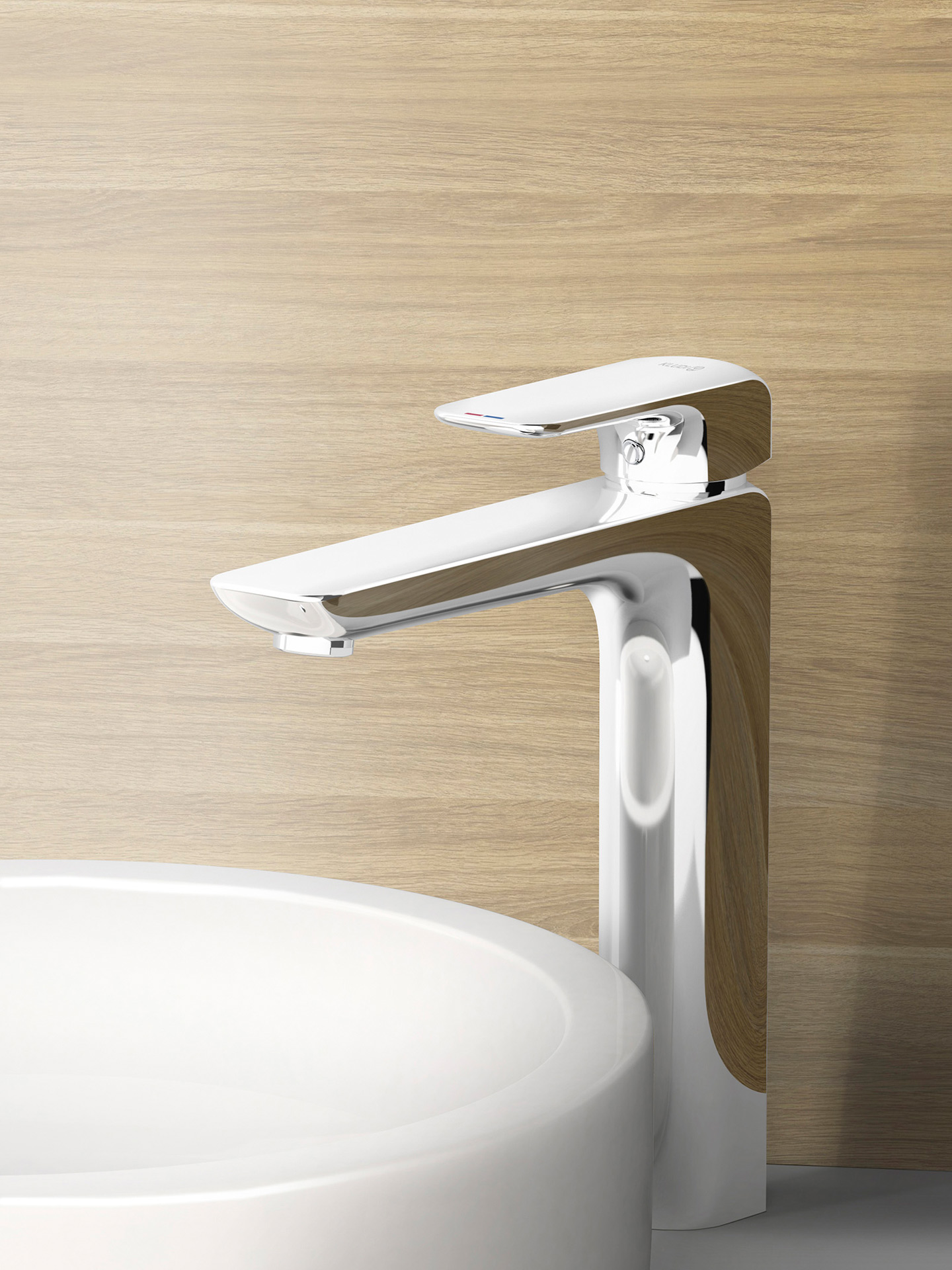 Standarmatur Einhebelmischer, chrom an weissem Aufsatzwaschbecken von Kludi Ameo.