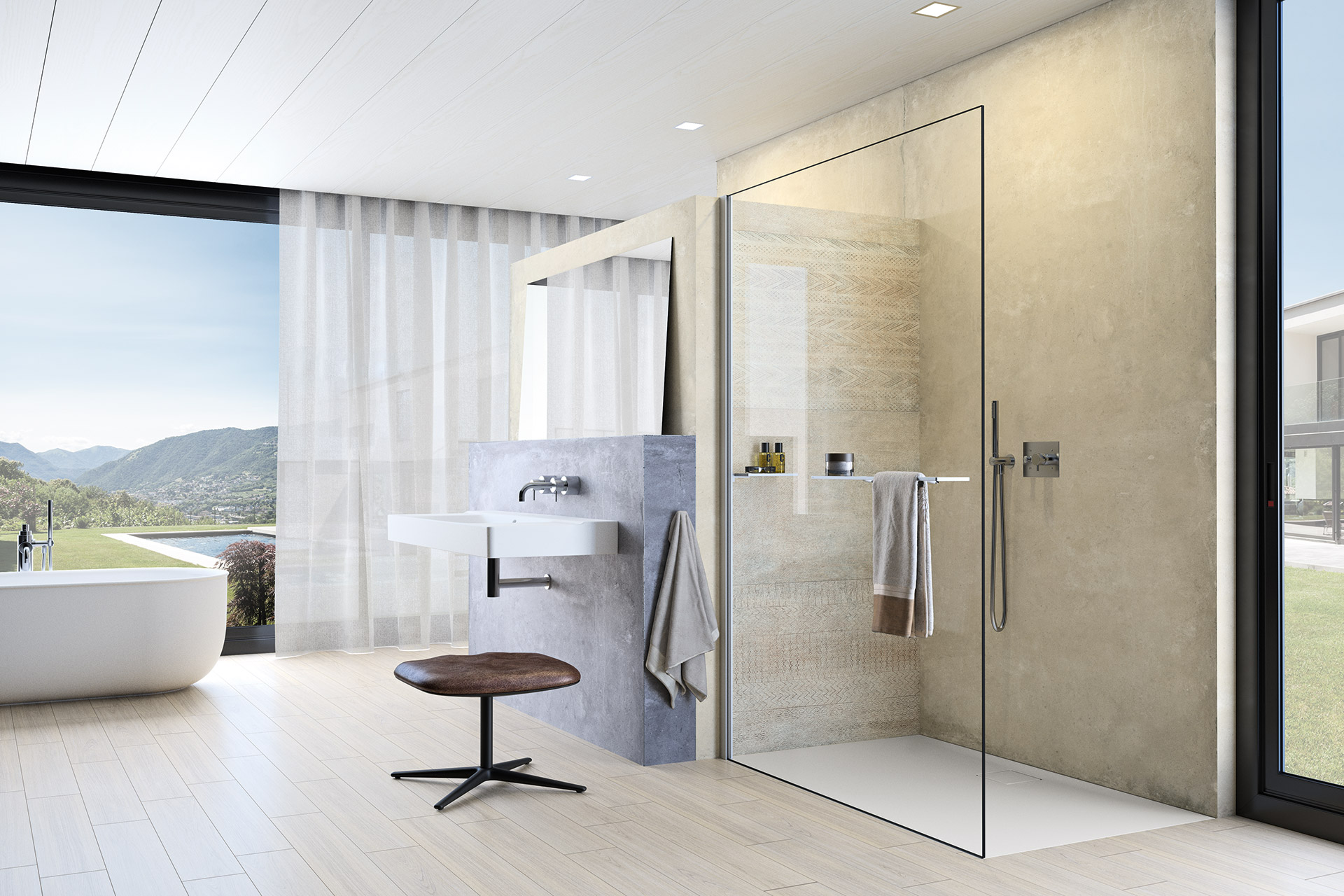 Modernes Badezimmer mit Freistehwanne, großen Fenstern, Waschplatz und einer Hüppe Dusche mit Gleittür Xtensa Pure.