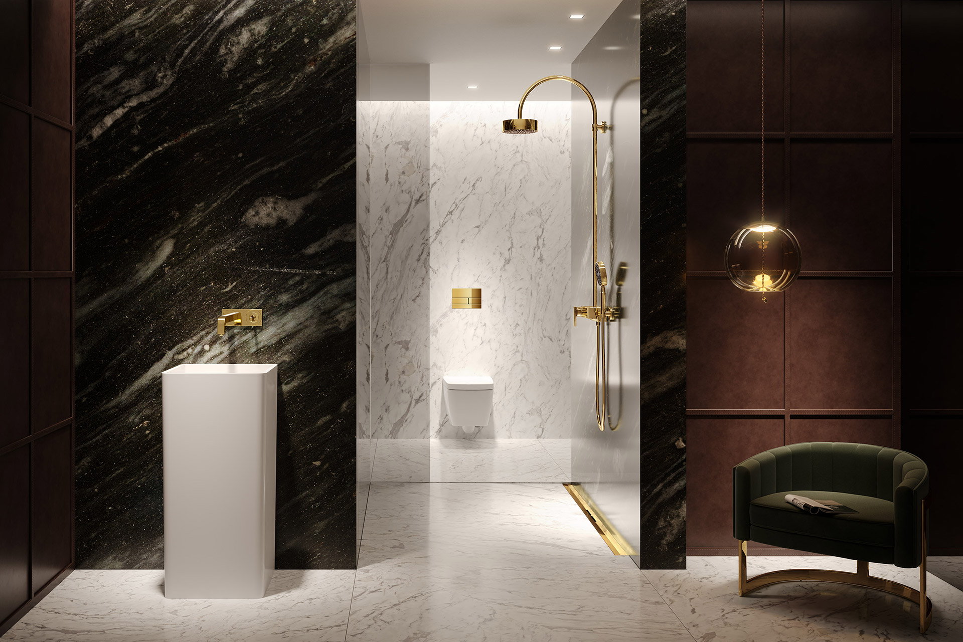 Elegantes Marmor-Badezimmer mit tollen Akzenten in Gold und Braun, unter anderem wurde bei der Drückerplatte und der Duschrinne Drainline die Oberflächenveredelung "Gold Optik" verwendet, die optimal zur Farbgebung der Armaturen in der Dusche und am Waschbecken passen.