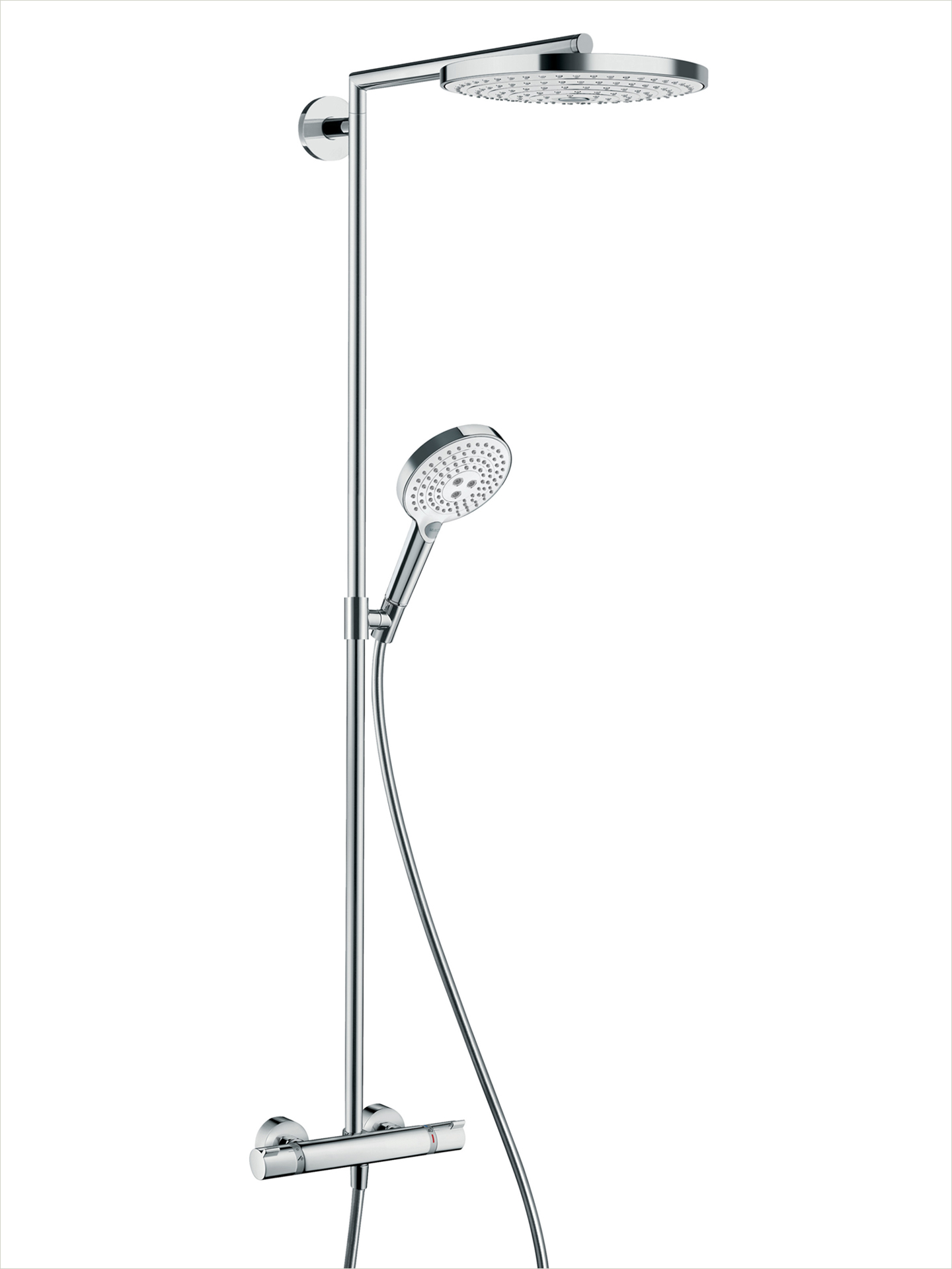 Duschsystem chrom mit Kopf- und Handbrause sowie einem Thermostat.