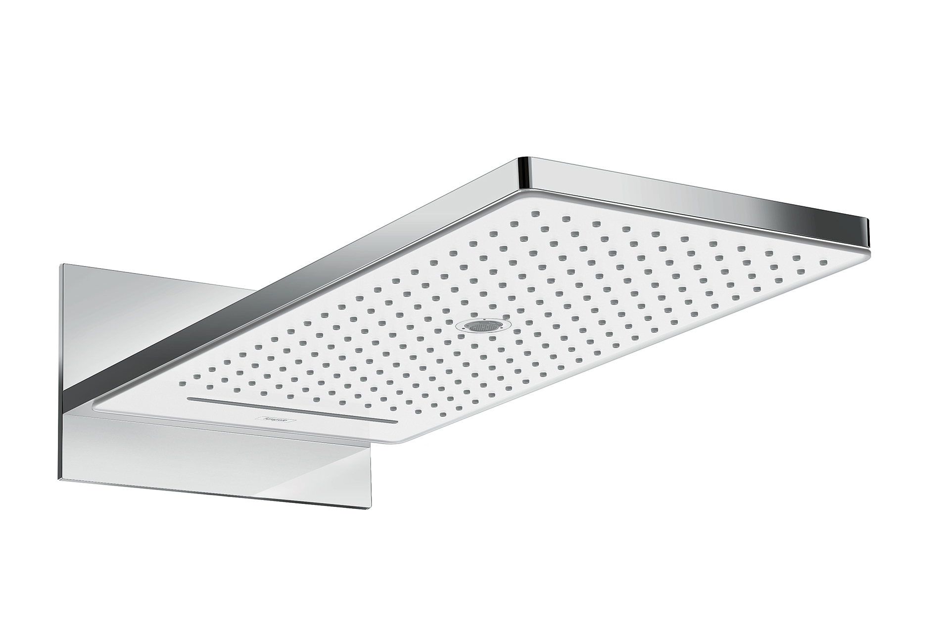 Hansgrohe RainmakerSelect Kopfbrause in silber und weiß, die an der Badezimmerdecke befestigt werden kann. Die Kopfbrause hat eine rechteckige Form.