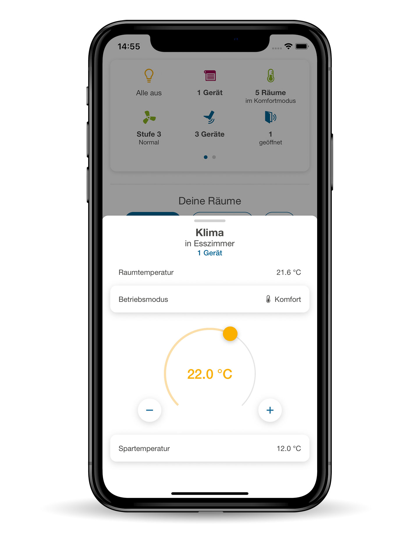 Smartphone mit geöffneter Oventrop-App, zu sehen eine Grafik über das akutelle Klima im Haus..