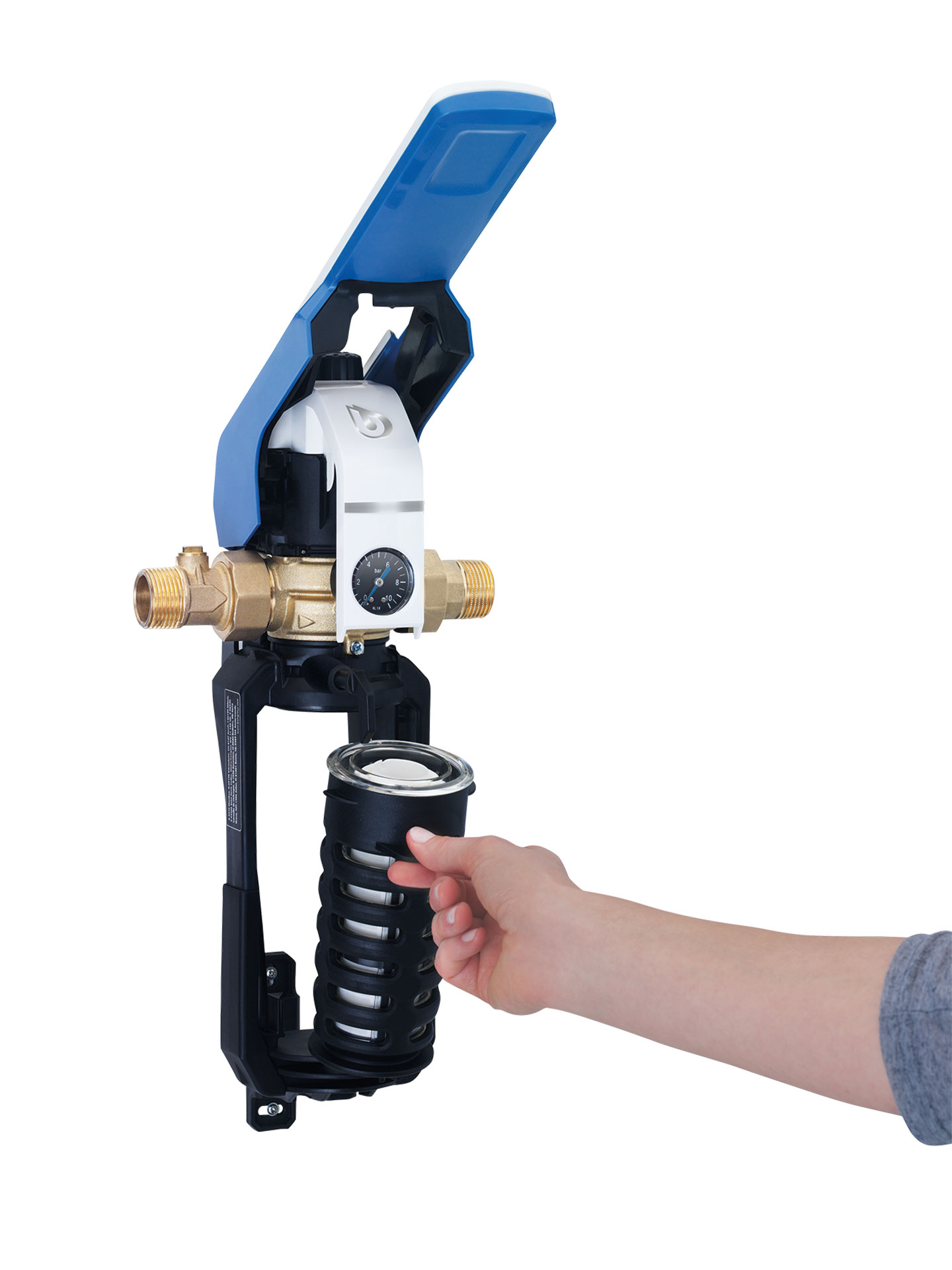 Schutzfilter zur Wasseraufbereitung von BWT mit einer Hand bedienbar.