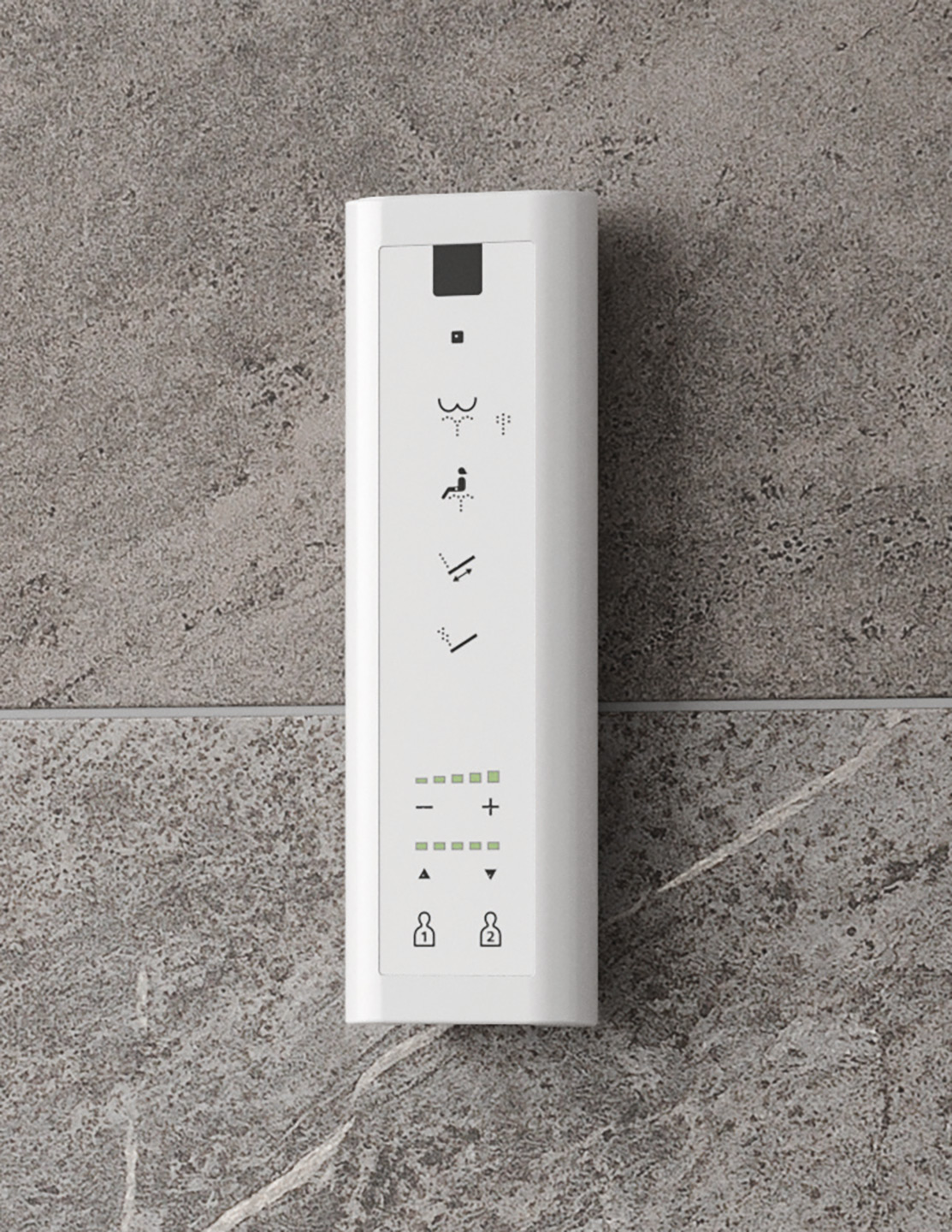 Weiße Fernbedienung zum Washlet Modell RX von TOTO Europe an Fliesenwand montiert
