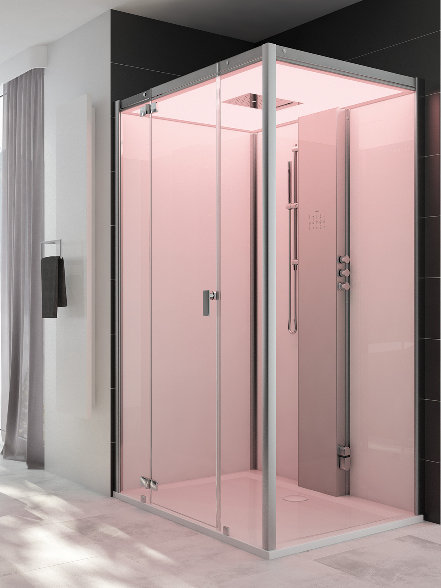 Eckvariante der Dampfkabine SensePerience von HOESCH mit Musik und LED-Beleuchtung. 